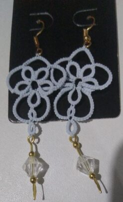 Brinco Renda Frivolite Modelo C19 Cor Azul 2,5 x 7 Cm Com Pingente